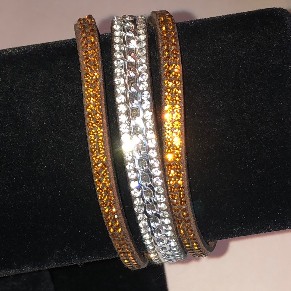 Sparkling Triple Row Wrap Bracelet Amber and Silver Tones